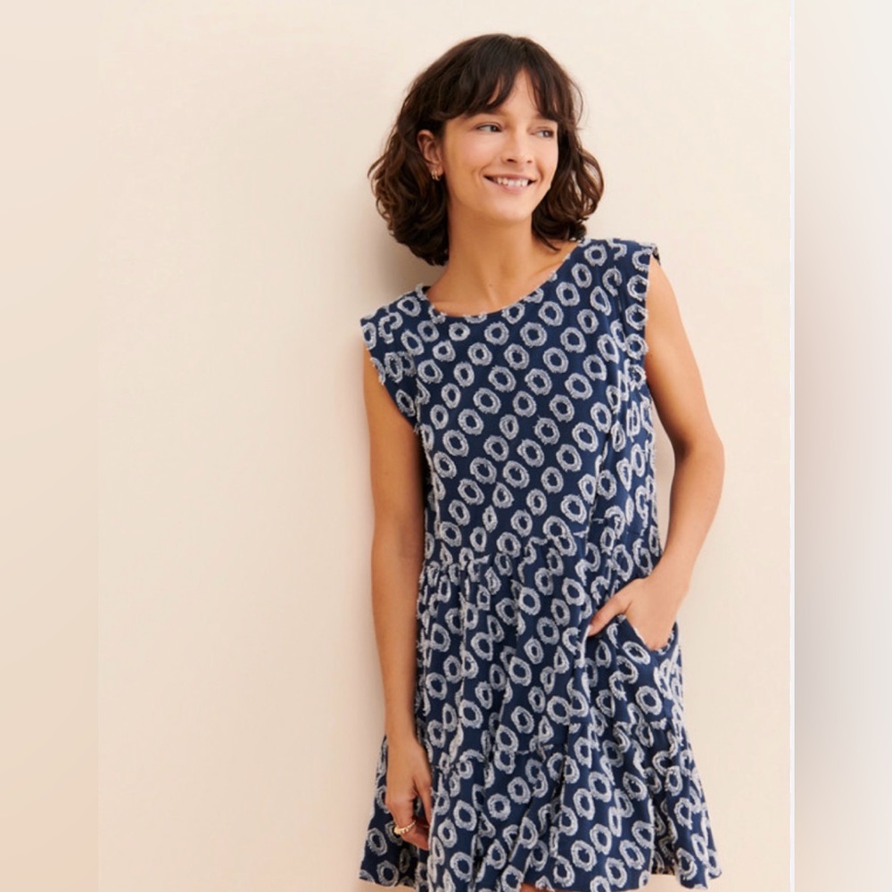 Maeve Anthropologie Blue Ikat Print Swing Dress XS Oversized Fit Pockets
